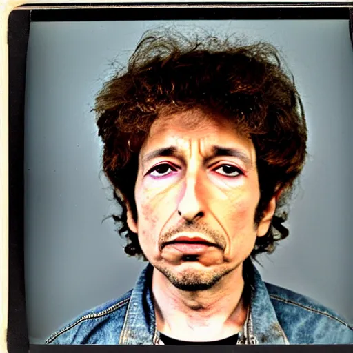 Image similar to Mugshot Portrait of Bob Dylan, taken in the 1970s, photo taken on a 1970s polaroid camera, grainy, real life, hyperrealistic, ultra realistic, realistic, highly detailed, epic, HD quality, 8k resolution, body and headshot, film still, front facing, front view, headshot and bodyshot, detailed face, very detailed face