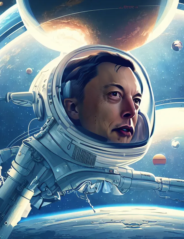 Image similar to a beautiful illustration of elon musk in a retro sci - fi space station, trending on artstation, digital art, 4 k resolution, detailed, high quality, sharp focus, hq artwork, coherent, insane detail, character portrait