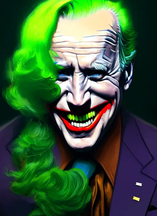 Image similar to portrait of joe biden as the joker, green hair, intricate, elegant, glowing lights, highly detailed, digital painting, artstation, concept art, sharp focus, illustration, art by wlop, mars ravelo and greg rutkowski