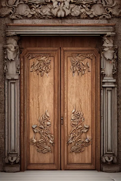 Image similar to a huge wooden door made by two slabs with live edge with rush plant ornaments in bright metalllic element, ornate, fantasy, photorealistic, octane render, volumetric light, high definition, ultra detailed, artstation, deviantart, cgsociety