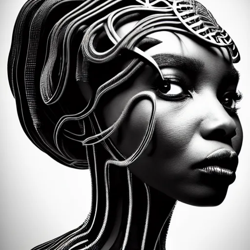 Image similar to portrait of an absurdly beautiful, graceful, sophisticated, fashionable black cyberpunk mechanoid gravure idol, ultrafine hyperdetailed illustration by irakli nadar, alek wek, matt wisniewski style, intricate linework, ebony skin, neon jellyfish headdress, ivory carved ruff, unreal engine 5 highly rendered, global illumination, radiant light, detailed and intricate environment