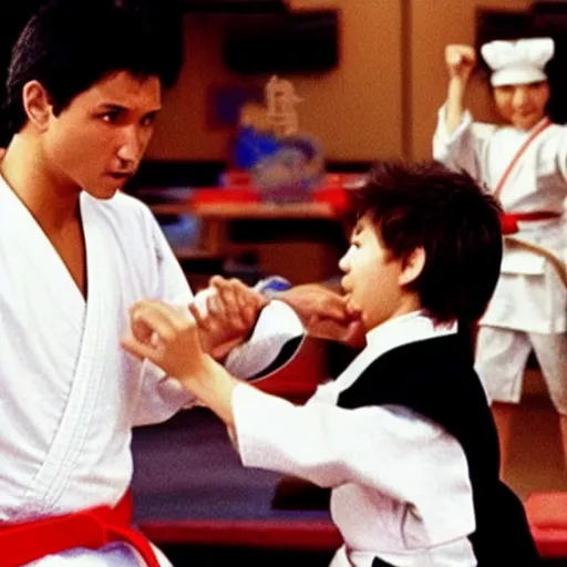 Image similar to the karate kid fighting super mario in a chinese restaurant on the 4 th of july 1 9 8 9