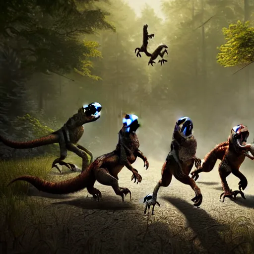 Prompt: a pack of accurate velociraptors running, highly detailed, hunting in the forest, style of greg rutkowski and hyung - tae kim tre, artstation, cgsociety, 8 k, cinematic, unreal engine, octane render, illustration digital painting, art by wlop