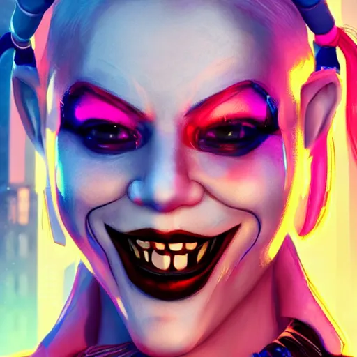 Prompt: Harley Quinn in cyberpunk clothes, smiling softly, closeup shot, city background, vibrant colors, 4k, artstation, artstationHD, trending, neon signs, digital art