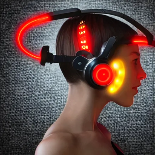 Prompt: cybernetic faceless female warrior with glowing red headphones