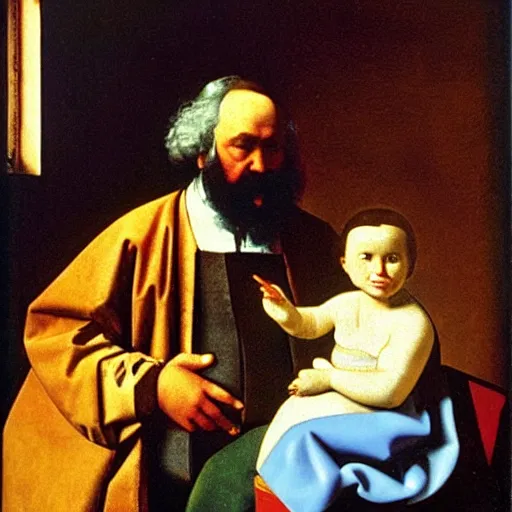 Image similar to Karl Marx as Madonna with child, Renaissance painting, art by Vermeer