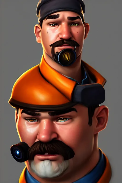 Image similar to beautiful highly detailed realistic stylized character portrait team fortress 2 engineer, detailed character art master portrait, trending on artstation