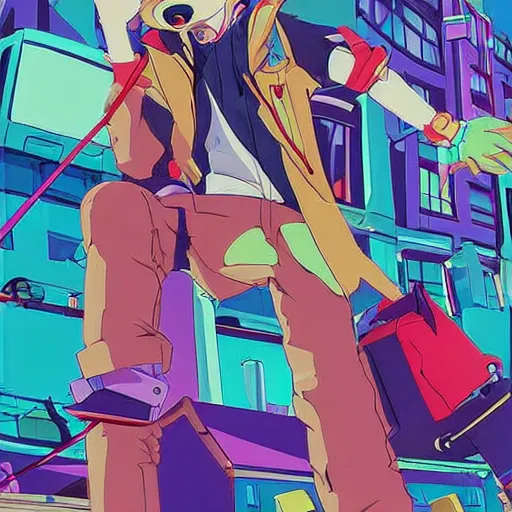 Prompt: eccentric man, colorful clothes, sunglasses, rollerblades, cel - shading, 2 0 0 1 anime, flcl, jet set radio future, the world ends with you, futuristic city, japanese city, colorful buildings, cel - shaded, strong shadows, vivid hues, y 2 k aesthetic, art by artgerm