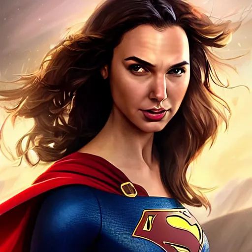 Image similar to a potrait of face of gal gadot as Supergirl from Kryptonian by Stanley Artgerm Lau, WLOP, Rossdraws, James Jean, Andrei Riabovitchev, Marc Simonetti, Yoshitaka Amano, ArtStation, CGSociety, Full body shot