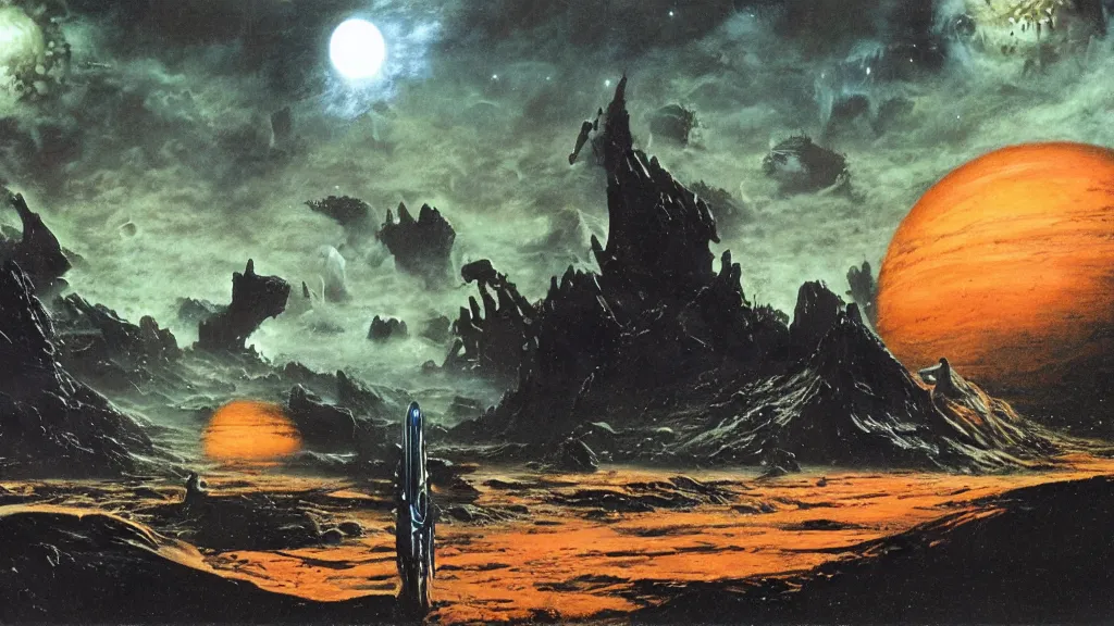 Image similar to eerie atmospheric alien planet empire by jack gaughan and bob eggleton and chris moore, epic cinematic matte painting