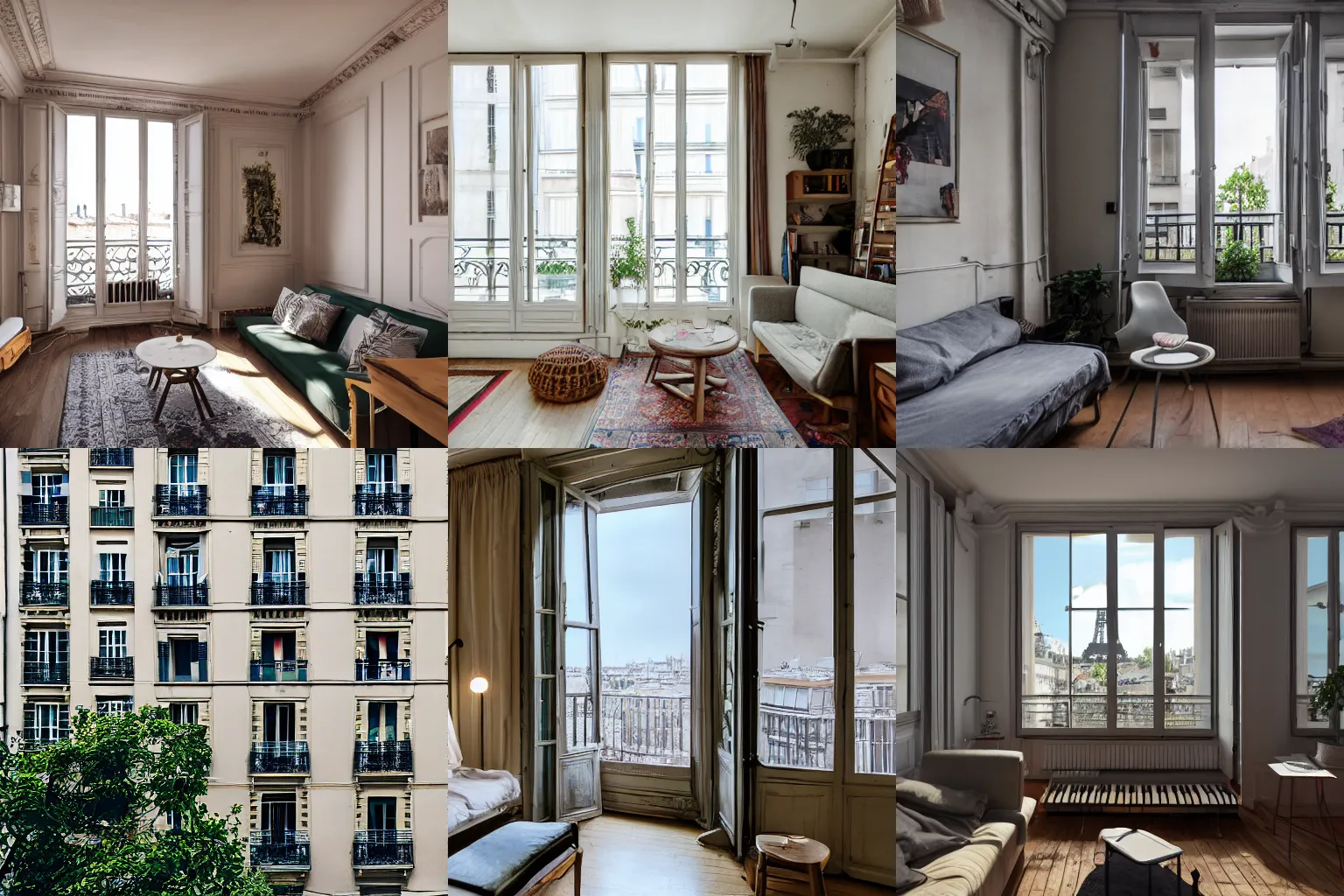 Prompt: parisian studio apartment with a balcony and eiffel view, decorated with vintage furniture, has an old acoustic piano, has a window on roof, cosy vibes, realistic, octane render