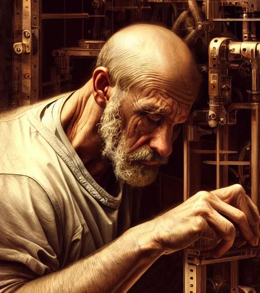 Image similar to portrait of a man building a machine, intense emotion, detailed facial expression, detailed surroundings, intricate, elegant, highly detailed, centered, digital painting, artstation, concept art, smooth, sharp focus, illustration, by ( leonardo da vinci ), wlop