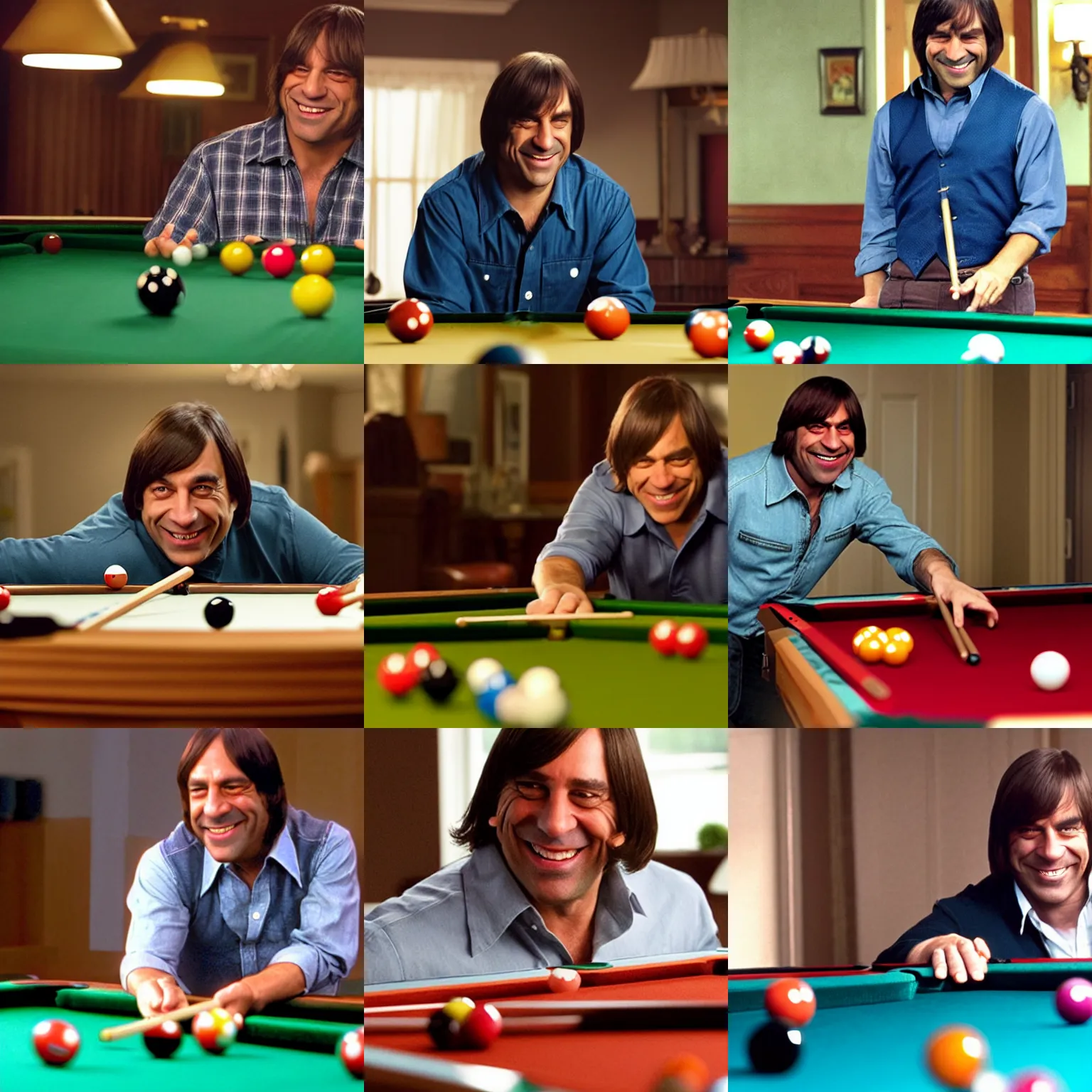 Prompt: Smiling Anton Chigurh playing pool with Minnie Driver movie still