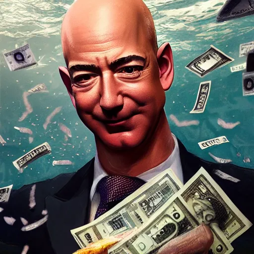 Image similar to jeff bezos swimming in a pool of cash, 4 k, photography, extremely detailed, digital art, trending on artstation, greg rutkowski, cinematic lighting, hyperrealistic