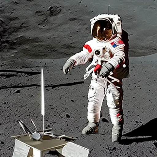 Image similar to A photo of an astronaut on the moon without his helmet eating garlic bread with knife and fork,the bread is on a red table,earth in the background