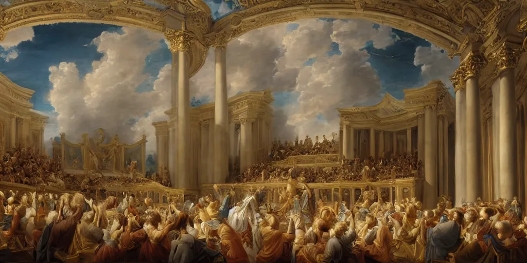 Prompt: symphony hall on golden cumulus clouds in heaven, with white harp, statues, symmetrical white staircase, angels in audience, 1 7 th century french court painting by charles le brun, highly detailed matte painting, 4 k, neoclassicism, concept art