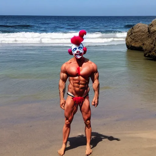 Image similar to muscular clown flexing at the beach