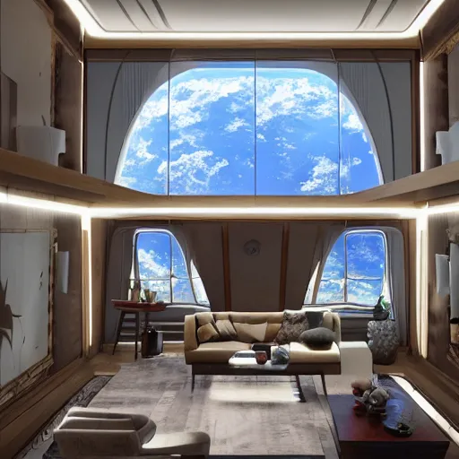 Image similar to a luxury living quarters living room in the 23rd century with a view from a singular window 10km high in space elevator, low contrast, ivan laliashvili, Studio Ghibli and Shinkai Makoto, D render