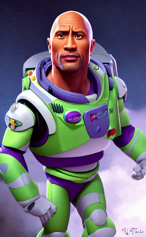 Image similar to dwayne johnson as buzz lightyear, dynamic lighting, photorealistic fantasy concept art, trending on art station, stunning visuals, creative, cinematic, ultra detailed