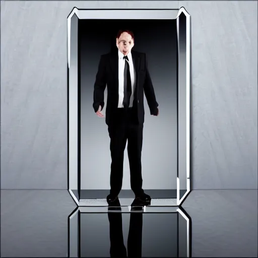 Prompt: endless reflections of a man in a mirror, dark suit, by sergey belik