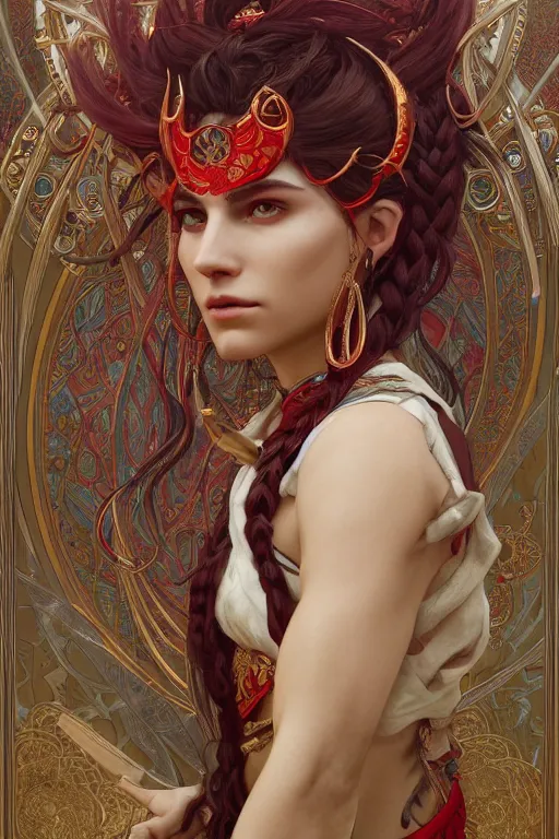 Prompt: 3 / 4 portrait, beautiful, man with a pair of horns, in opal armor, fantasy, white and red intricate long braids, ornate jewelry, by greg rutkowski, alphonse mucha, super detailed, 8 k, unreal engine 5, cinematic