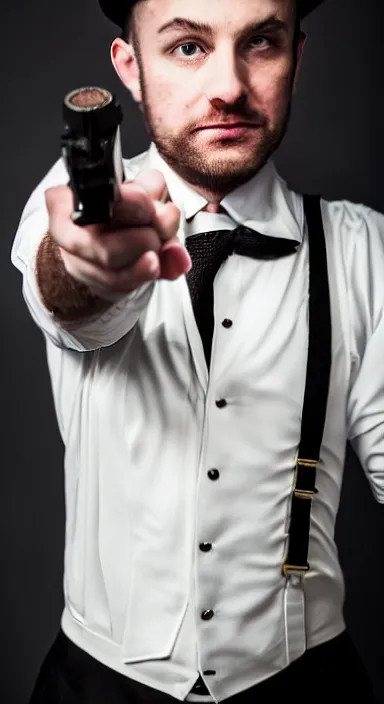 Prompt: Full body portrait of a man with a stern look dressed in a 1920s attire. He is pointing a gun and seems mentally unstable. 4K, dramatic lighting