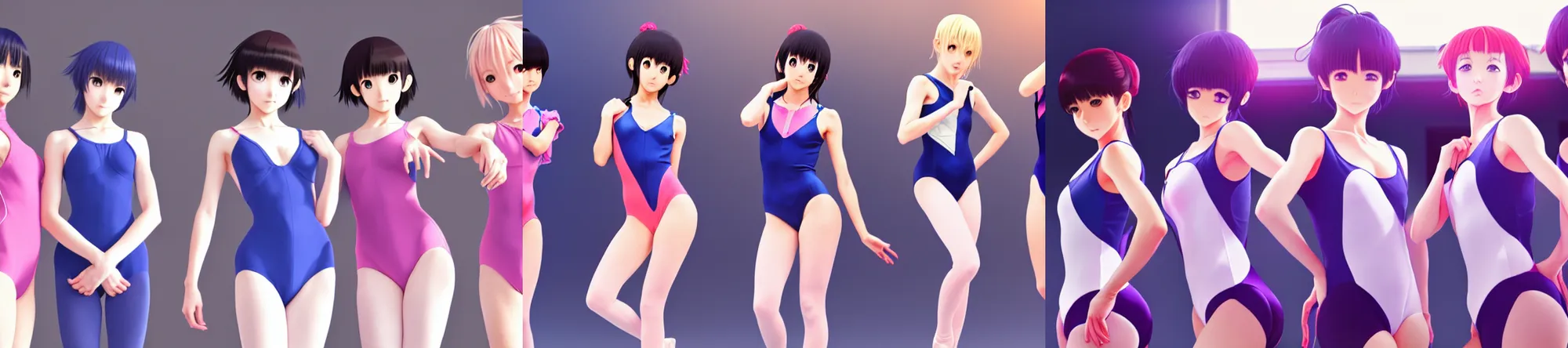 Prompt: unbelievably beautiful, perfect, epic 8 k hd anime shot, three j - pop idols av actresses in japanese girl band, posing together in leotards. soft volumetric light. by amagaitaro, makoto shinkai, krenz cushart, asao urata, pixiv