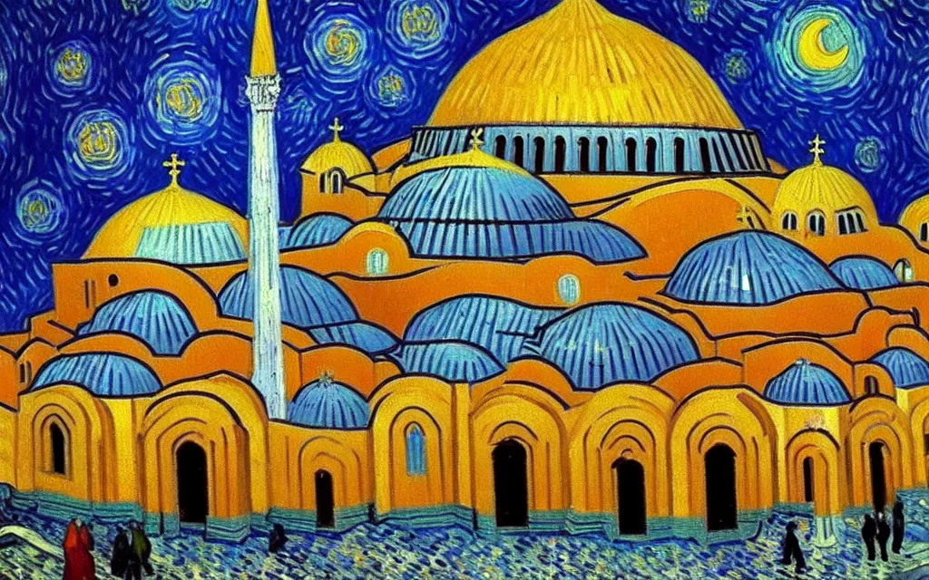 Image similar to detailed expressionist oil painting by van gogh of the hagia sophia church of constantinople, beautiful byzantine architecture, landscape painting, expressionism, 8 k resolution, smooth, sharp focus, matte painting