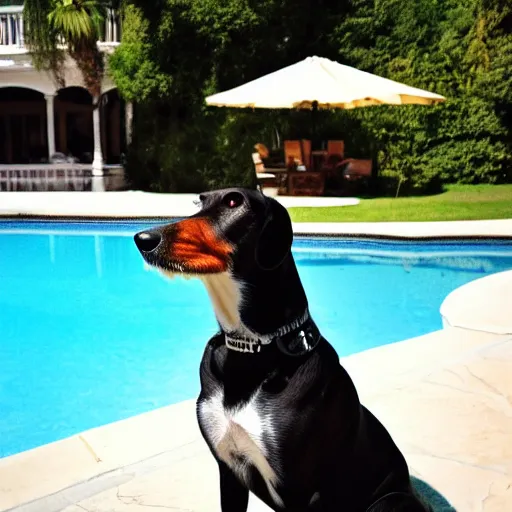 Image similar to a very detailed photo of a dog smoking a cigar outside the mansion by the pool