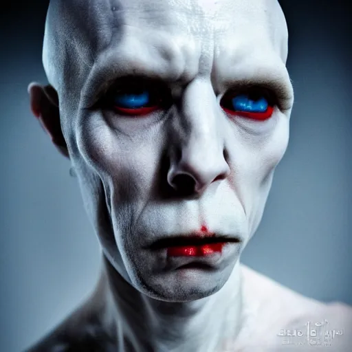 Prompt: vampire nosferatu, pale blue skin, portrait, extreme close up, photograph by elisabeth gadd, ultra detailed, realistic, dark, dramatic light, backlit