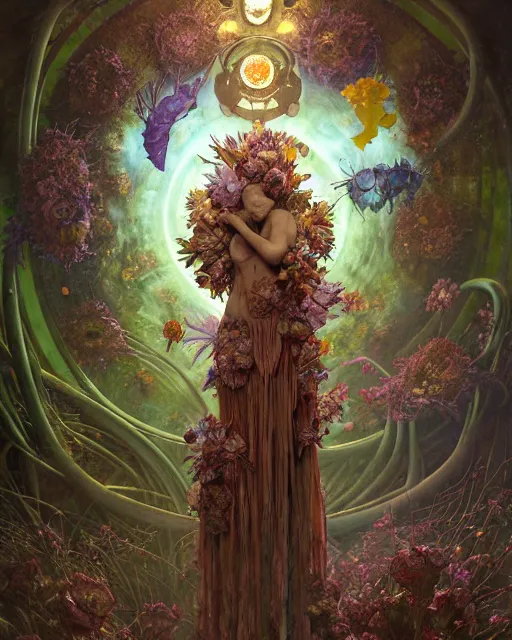 Image similar to the platonic ideal of flowers, rotting, insects and praying of cletus kasady carnage davinci dementor chtulu mandelbulb mandala ponyo dinotopia bioshock the witcher, d & d, fantasy, ego death, decay, dmt, psilocybin, concept art by randy vargas and greg rutkowski and ruan jia and alphonse mucha