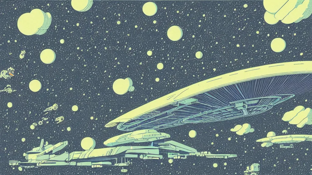 Image similar to A wide shot, galactic spaceship battle, flat design, screen print by Kawase Hasui and dan hillier