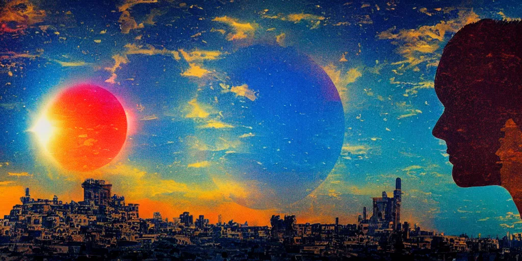 Prompt: a solar eclipse in the sky above, the city of ancient babylon below, the city is on fire, silhouette of a single observer in the foreground, thick impasto paint, double exposure, Chromatic Aberration