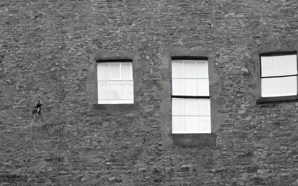 Image similar to single triangular or round sash window on a british wall, surprised and perplexed builders standing in front of it