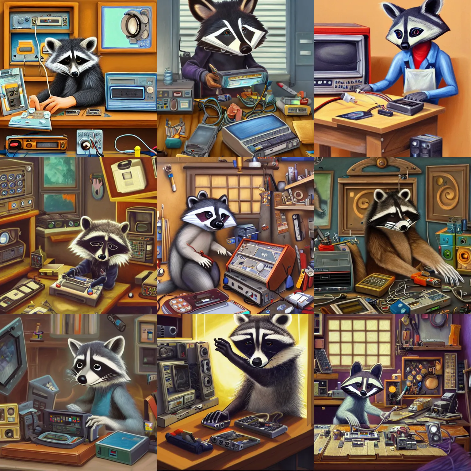 Prompt: FurAffinity art oil painting of a cartoon anthro raccoon in his workshop tinkering with retro electronics, extremely detailed, realistic shading, trending on FurAffinity