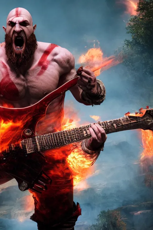 Prompt: screaming kratos rocking out on a flaming stratocaster guitar, cinematic render, god of war 2 0 1 8, playstation studios official media, lightning, flames, red facial stripe, red facial stripe, red facial stripe, clear, coherent