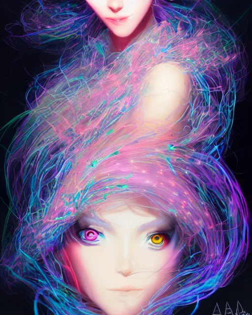 Image similar to portrait of a bioluminescent woman, fashion, beautiful, elegant colorful, artstation trending, deviantart, highly detailed, focus, smooth, by hirohiko araki, yoshitaka amano