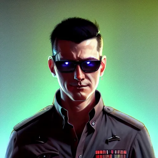 Prompt: detailed character full body portrait of a skinny buzz undercut masculine androgynous handsome federal government agent smirking sunglasses white button down shirt tactical bulletproof kevlar on smoky neon background artgerm greg rutkowski mucha