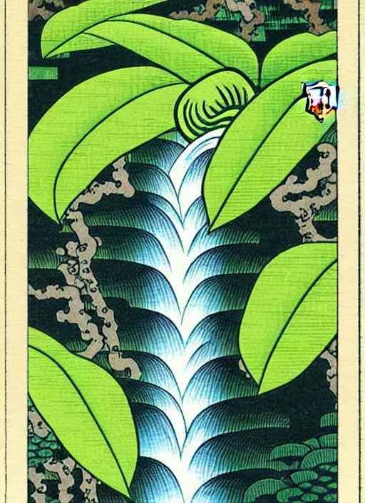 Image similar to fantasy scientific botanical trading card illustration of a green leafy plant that grows like a waterfall ,Ukiyo-e, isometric view, diego rivera