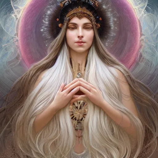 Prompt: goddess, white hair, long hair, hands spread out, accepting prayers, intricate, elegant, ethereal, highly detailed, digital painting, artstation, concept art, smooth, sharp focus, illustration, art by artgerm and greg rutkowski and alphonse mucha