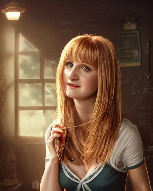 Image similar to Beautiful art portrait of Melissa Rauch as Rachel Green in friends, atmospheric lighting, intricate detail, cgsociety, hyperrealistic, octane render, RPG portrait, ambient light, dynamic lighting