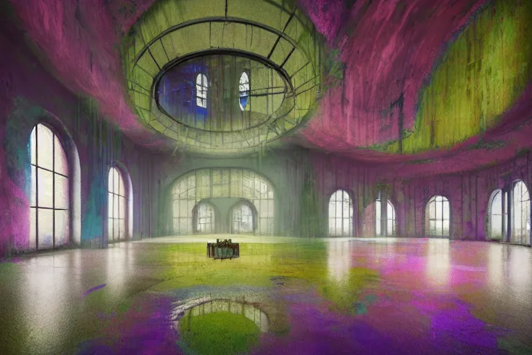 Image similar to abandoned 9 0 s monastery interior with large organic circular windows, rain like a dream, oil painting, cinematic, dramatic, volumetric lighting, cyberpunk, basquiat + francis bacon + gustav klimt + beeple, elevated street art, fantasy lut, textural, pink, blue, purple, green,