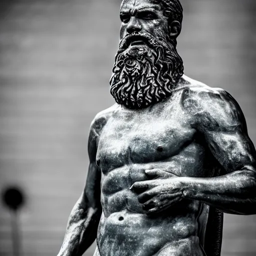 Image similar to statue of frustrated Poseidon very annoyed and complaining with wild gestures to the camera, ready to fight, bokeh, Sigma 85mm, f/1.4