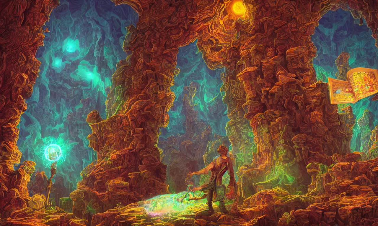 Image similar to large kerberos realm, wizard issues ticket close up, reading a directory, colorful ravine, 3 d art, digital illustration, perfect lighting