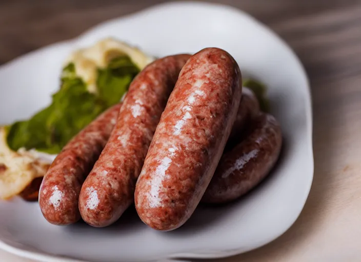 Prompt: A sausage eating a sausage. close up food photography, studio lighting, Sigma 35mm f/1.4