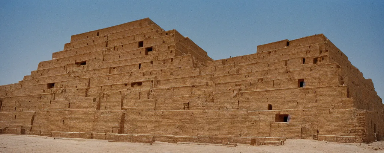 Image similar to an ancient mesopotamian ziggurat built with spaghetti, architectural, minimal, canon 5 0 mm, wes anderson film, kodachrome