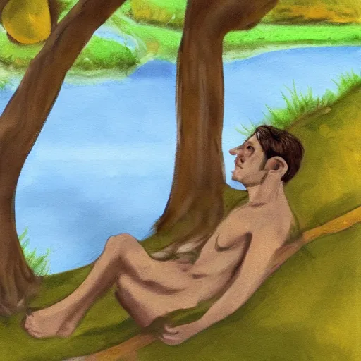 Image similar to a satyr lounging next to a river with one finger in the water, in the forest, digital painting, rough brushstrokes
