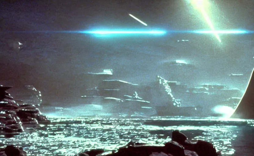 Image similar to iconic cinematic screen shot of star destroyer waterfall canyon planet, from the action packed scene from the 1 9 7 0 s star wars sci fi film by stanley kubrick, glowing lasers, kodak film stock, anamorphic lenses 2 4 mm, lens flare, iconic cinematography, award winning