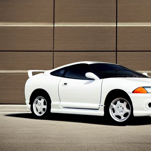 Prompt: white 2 0 0 2 mitsubishi eclipse, promotional photography, professional, 4 k photo