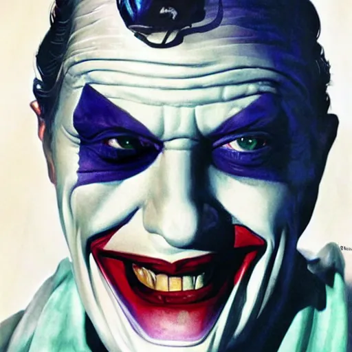 Prompt: lawrence of arabia as the joker, messy, portrait, realistic, concept art by alex ross